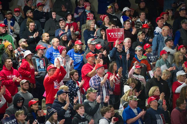People attend a US President Donald J. Trump rally at the Wildwoods Convention Center in Wildwood, New Jersey